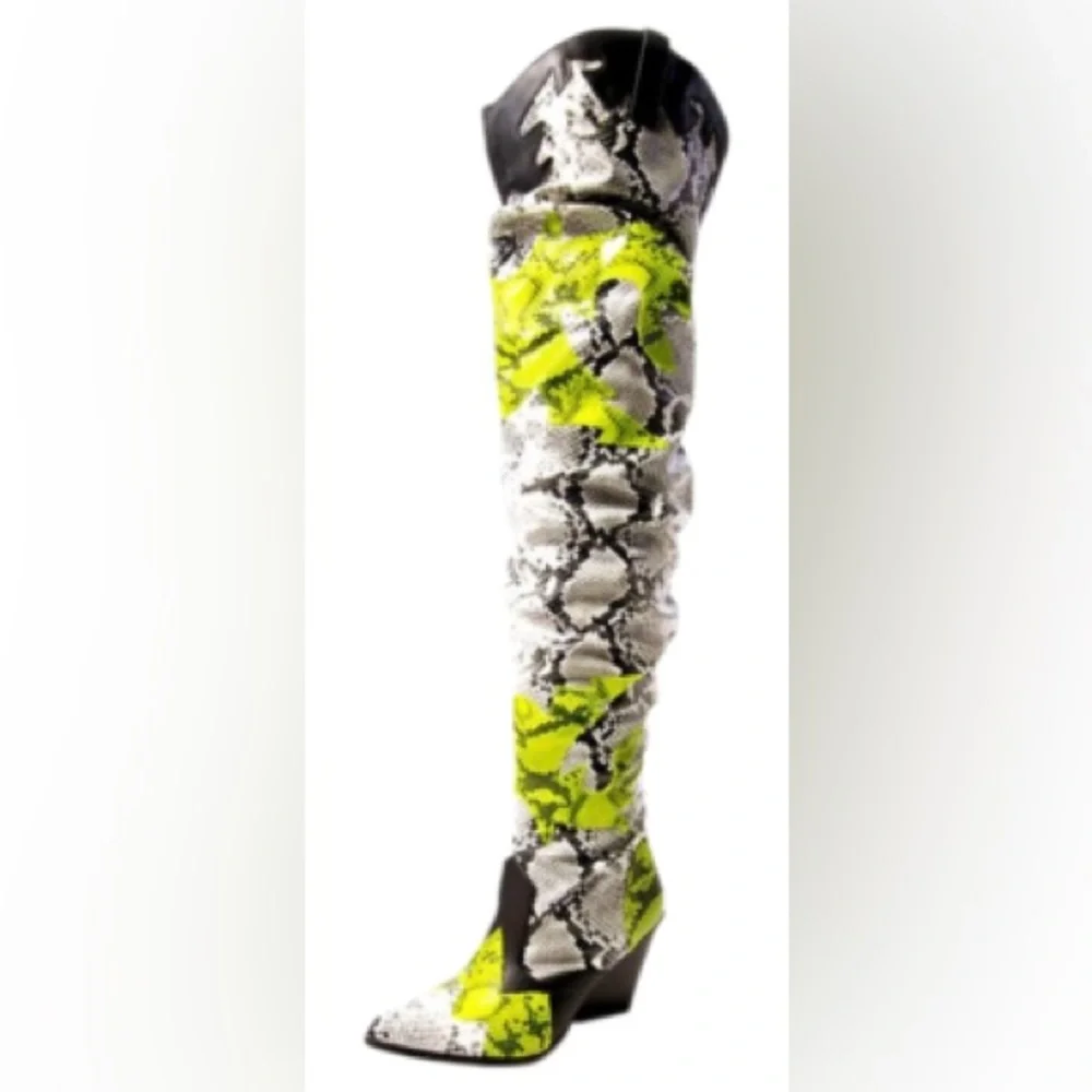 Cape Robbin Snake Print Over the Knee Boots - Black and Green